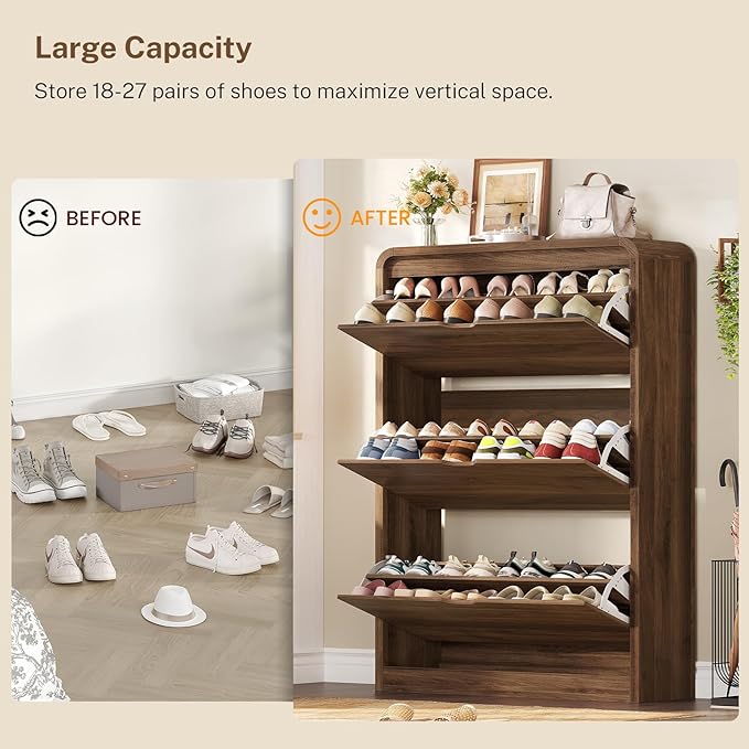 TEENFON Shoe Cabinet with 3 Flip Drawers & Adjustable Shelves, Narrow Freestanding Shoe Storage Cabinet for 18-27 Pairs, Hidden Slim Shoe Rack Cabinet for Entryway, Walnut