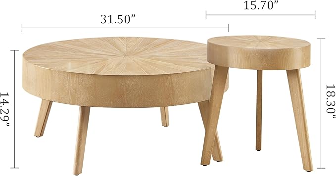 Nesting Round Oak Wood Coffee Table Set of 2 for Living Room - Wooden Circle Coffee Table ＆ End Table Side Tables for Apartment (Light Brown,31x31x14 in)