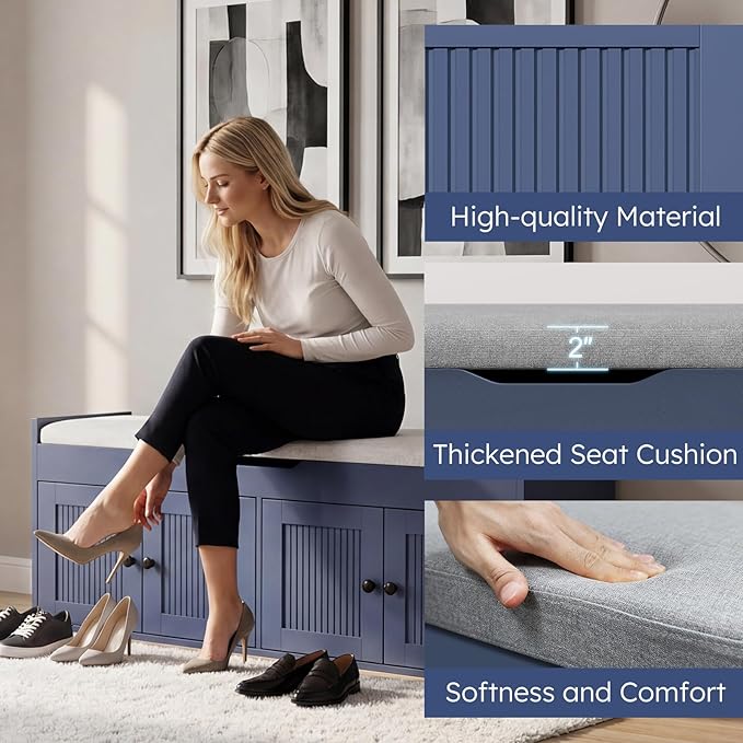 47.2" Storage Bench - Entryway Shoe Bench with 4 Doors and Top Storage Area, Multifunctional Entryway Bench with Lift Top Cushion, Shoe Storage Bench for Bedroom, Living Room, Blue