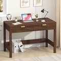 YOMILUVE Fluted Computer Desk with 2 Drawers, 39 Inch Small Computer Desk with Storage, Compact Writing Study Desk for Small Spaces, Walnut