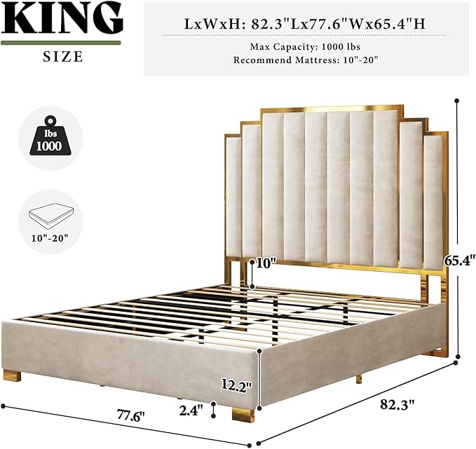 AMERLIFE King Size Upholstered Bed, Modern Velvet Bed Frame with 65.4” Tall Gold Trim Headboard, No Box Spring Needed, Cream