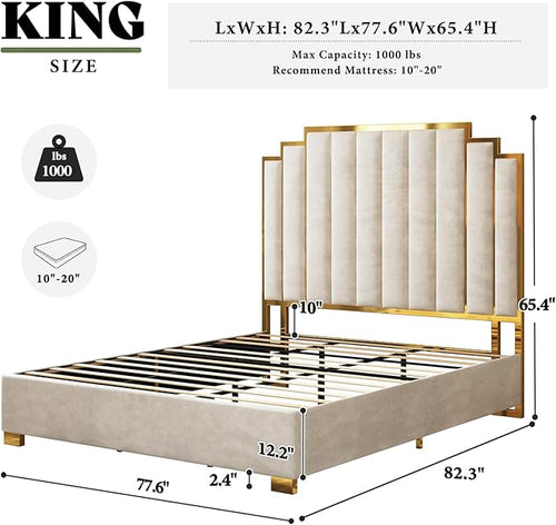 AMERLIFE King Size Upholstered Bed, Modern Velvet Bed Frame with 65.4” Tall Gold Trim Headboard, No Box Spring Needed, Cream