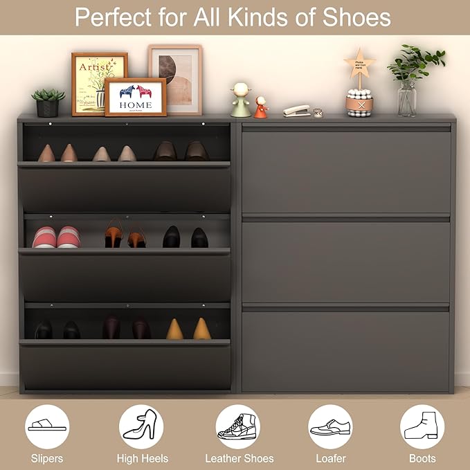LUCYPAL Slim Shoe Cabinet,Metal Shoe Storage Cabinet for Entryway with 3 Flip Drawers,Narrow Wall Shoe Cabinet for Entryway,Hallway,Living Room,Black,Require Assembly