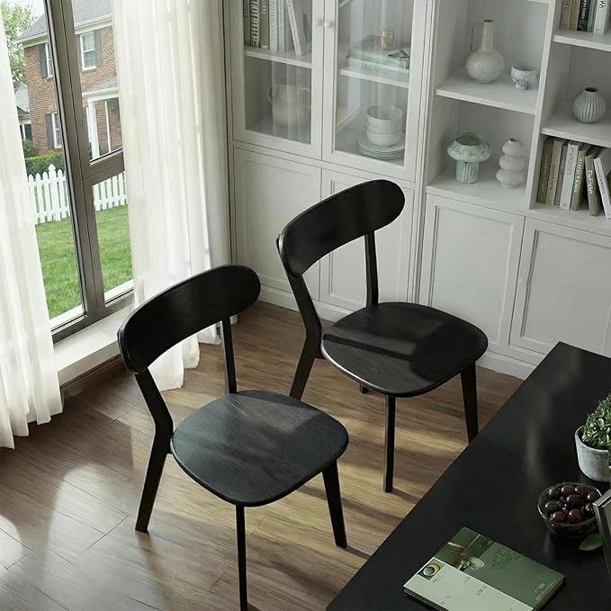 100% Solid Wood Dining Chairs,Mid Century Modern Dining Chairs with Rounded Backrest,Kitchen,Dining Room Chairs Set of 1/2/4 (2, Black Color)