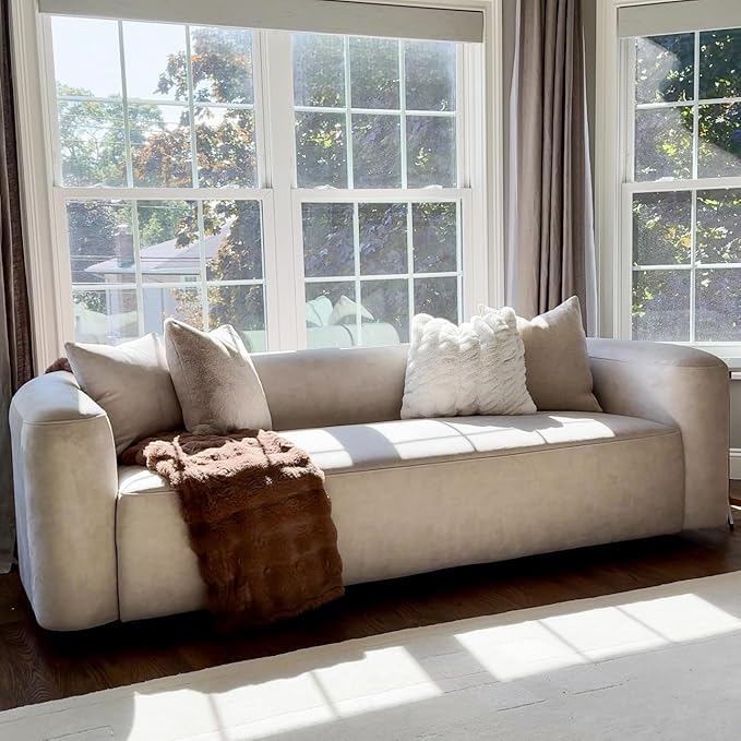 Acanva Luxury Modern Tight Curved Back Velvet Sofa, Minimalist Style Comfy Couch for Living Room Apartment, 3 Seater, Cream
