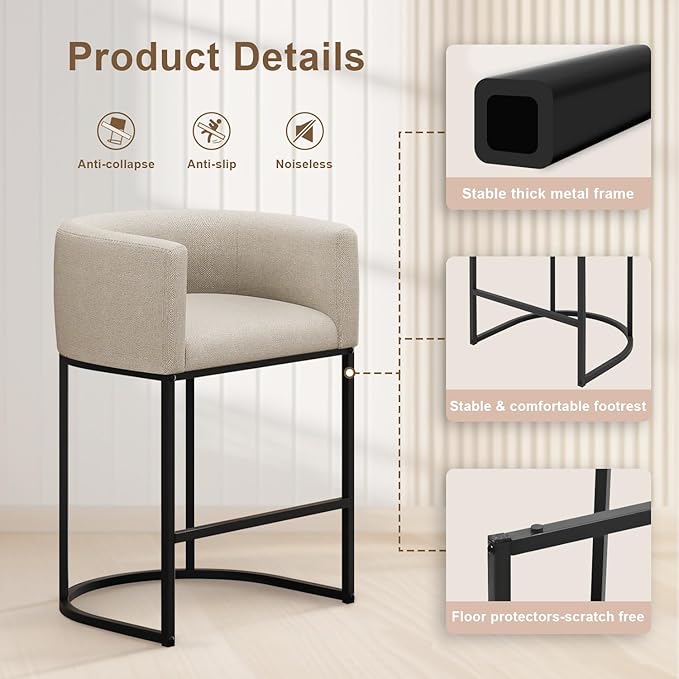 26" H Counter Height Bar Stools Set of 3, Modern Barrel Counter Stools with Backrest and Arms, Linen Fabric Upholstered Accent Barstools for Kitchen Island,Support 450 LBS (Beige)