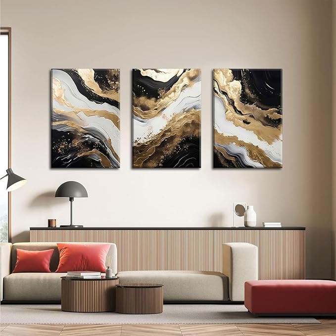 Black and Gold Abstract Canvas Wall Art Set of 3 Abstract Black Gold Marble Wall Decor Pictures Neutral Modern Minimalist Posters Prints for Living Room Bedroom Home Decoration 12x16in
