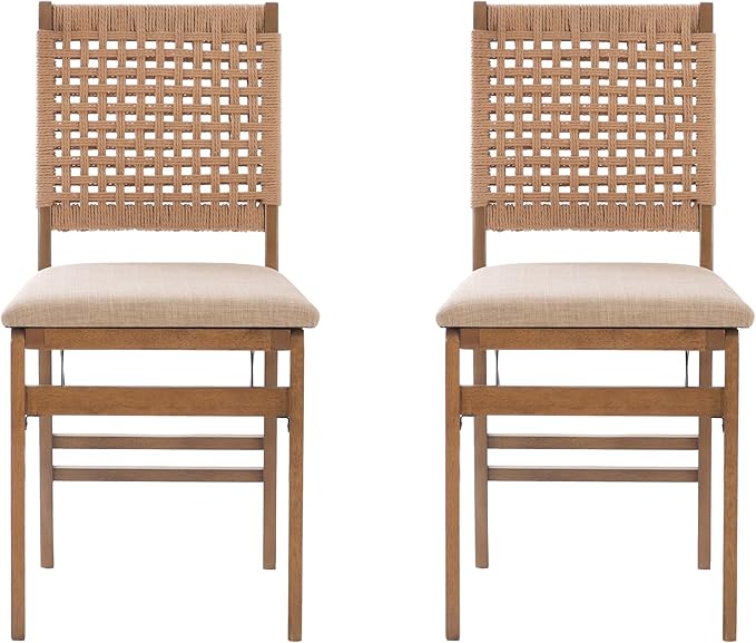 Linon Bennett Natural Folding Chair with Woven Rope Back and Linen Upholstered Seat Set of 2