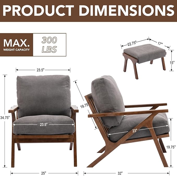 chairus Mid-Century Modern Accent Chair with Ottoman, Comfy Upholstered Lounge Armchair with Removable Cushions & Solid Wood Frame, Reading Chair for Living Room Bedroom Office, Grey Denim Fabric