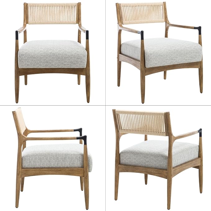 Ya-Home Mid-Century Modern Accent Chair with Woven Rope Back, Upholstered Linen Fabric Armchair with Solid Wood Frame for Living Room Bedroom, 1PC, Patterned