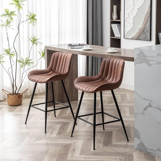 Brown Bar Stools Set of 2, Fabric Upholstered Barstools Armless, 24 in Bar Stool Bar Height, Black and Brown Barstools for Home Bar, Coffee Bar.
