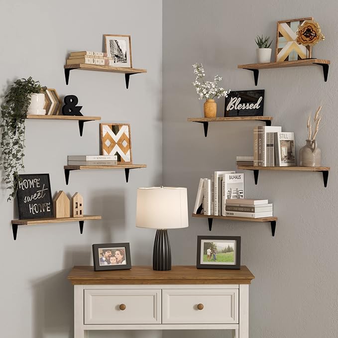 Wallniture Arras Floating Shelves for Wall, 17"x 4.5" Rustic Bookshelf for Living Room Decor, Home Office Bookshelves, Burned Finish Storage Shelf Set of 8