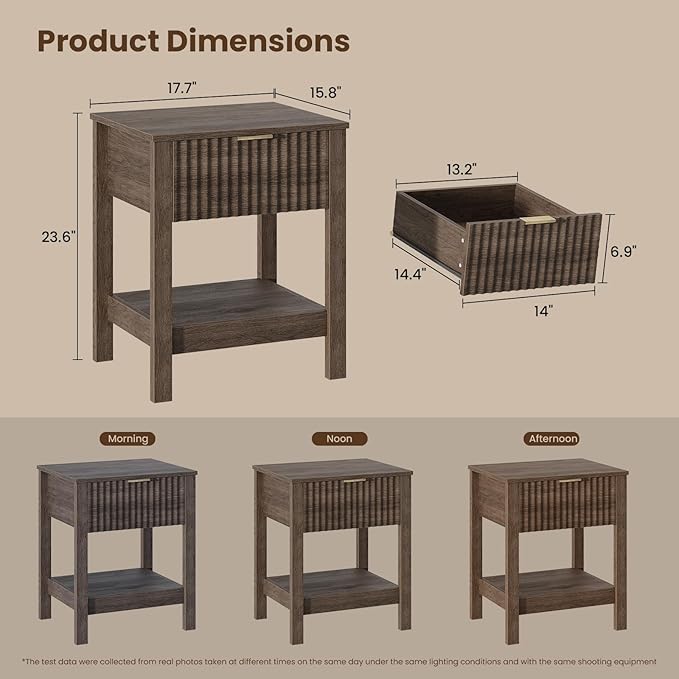 Fluted Night Stand with Golden Handle,Set of 2 Mid-Century Nightstands with Drawer,Bedside Table with Storage Shelf,Large Wood End Tables for Livingroom,Bed Side Tables for Bedroom,Walnut