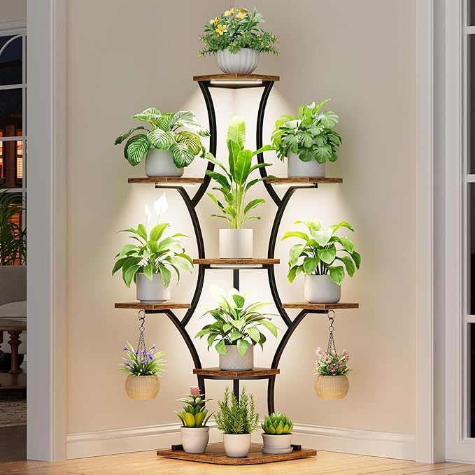 Corner Plant Stand With Grow Lights - 52.7" Indoor Plant Stand, Corner Plant Shelf For Indoor Plants, 8 Tiered Lighted Flower Holder, Tall Display Rack For Living Room, Hallway, Home, Black & Brown