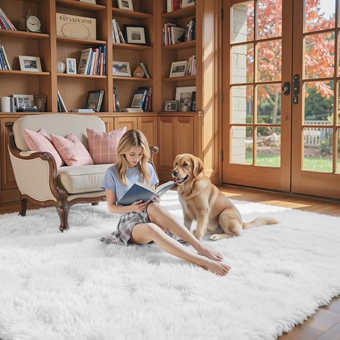 Area Rugs 9x12 Living Room, White Large Area Rug Shag Shaggy Carpet Soft Plush Furry Bedside Rug, Machine Washable Area Rugs for Bedroom Kids Girls Boys Home Decor Anti Slip(9 x 12, White)
