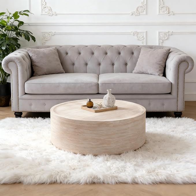 Round Coffee Table in Faux Marble, 31.5" W × 12" H Stone Coffee Tables for Living Room, Modern Drum Center MDF Vintage Design Low, Office, Apartment No Assembly Required Beige Mars