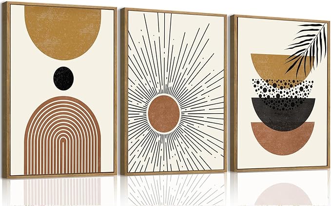 Bwodke Boho Wall Art, Framed Abstract Sun Wall Art, Neutral Canvas Wall Decor, Mid Century Geometric Line Pictures Set of 3, Minimalist Paintings, for Bedroom Living Room Bathroom 12"x16"