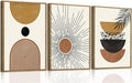 Bwodke Boho Wall Art, Framed Abstract Sun Wall Art, Neutral Canvas Wall Decor, Mid Century Geometric Line Pictures Set of 3, Minimalist Paintings, for Bedroom Living Room Bathroom 12"x16"