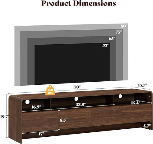 AMERLIFE 70" Modern TV Stand for TVs Up to 80", Wood TV Console with Curved Profile Design & 2 Storage Cabinets, Media Console Entertainment Center for Living Room, Brown