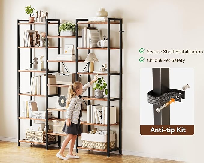 Casaottima Triple 6 Tier Bookshelf, Large Bookcase with 17 Open Display Shelves, Modern Industrial Book Shelves Book Case for Bedroom, Wide Standing Shelving Unit for Living Room Home Office, Vintage