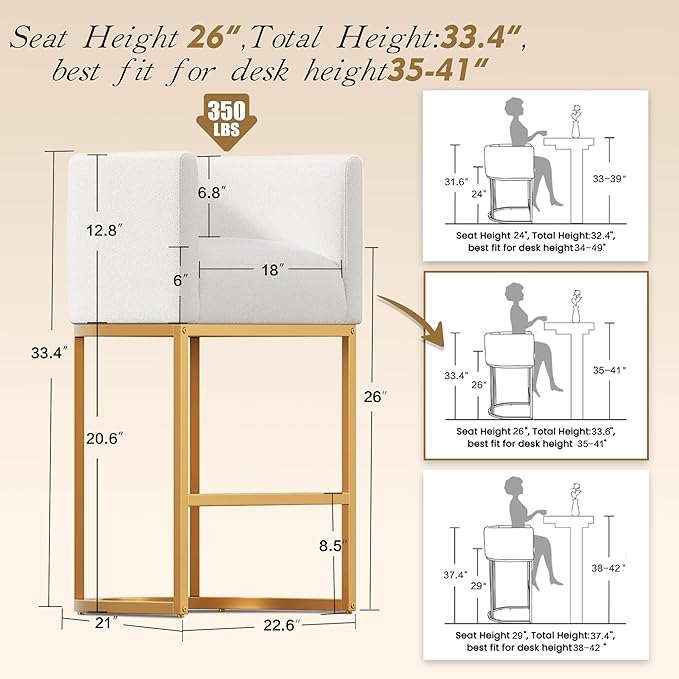 Modern Counter Height Bar Stools,Bar Stools Set of 2,Fabric Upholstered Barrel Barstools with Backs,26'' Kitchen Island Chairs,Metal Gold Frames,Off White Linen