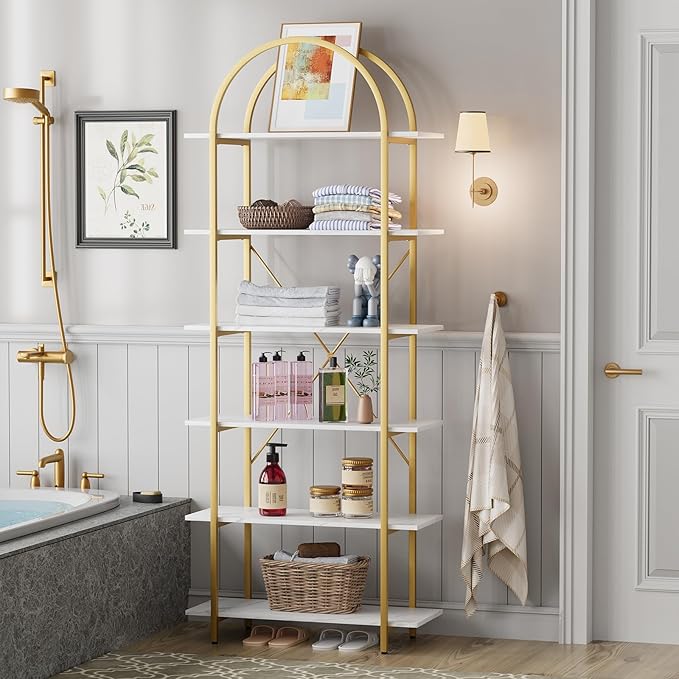 Arbuxzuy 6 Tier Bookshelf, 83" Tall Arched Bookcase, Tall Book Shelf with Metal Frame, Modern Display Standing Shelf for Living Room, Home Office, Bedroom, Gold