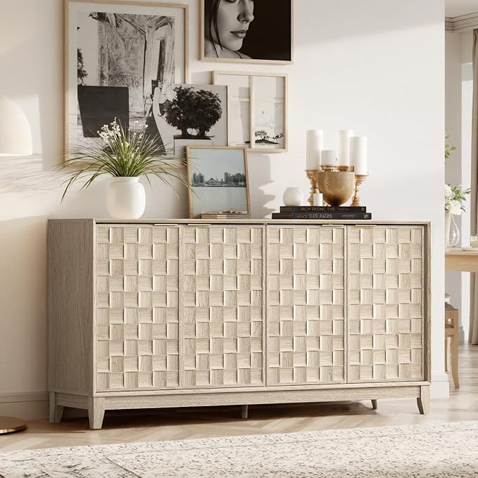 COLAMY 60" Sideboard Buffet Cabinet with Storage, Modern 4-Door Buffet Table with 3D Checkerboard Doors & Solid Wood Legs, Large Coffee Bar Cabinet for Dining Room, Living Room, Entryway,Oak Mist