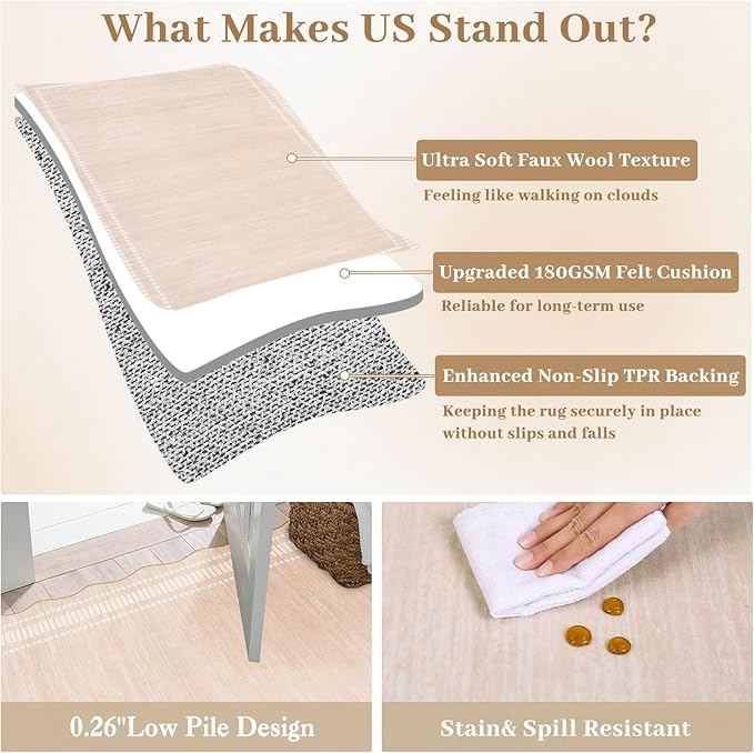 Garvee Washable Rugs 10x13 Area Rugs for Living Room Bedroom, Low Pile Ultra Soft Solid Neutral Carpet, Non Slip & Non Shedding Modern Scalloped Print Floor Mats for Home Decor, Natural Ivory