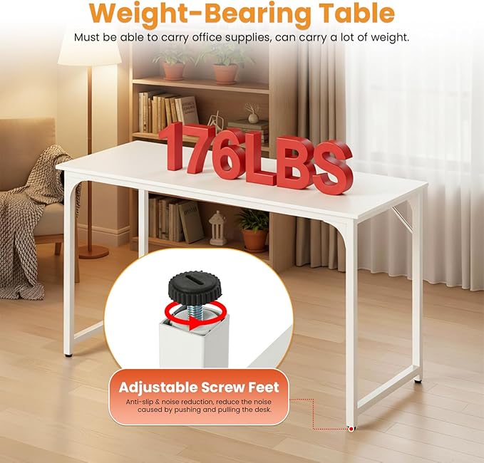 PayLessHere | 47 Inch Computer Desk | White | Office Desk with Metal Frame, Adjustable Feet | Water-Resistant, Scratchproof Surface | Sturdy Writing Table for Home Office or Study | Pack of 1