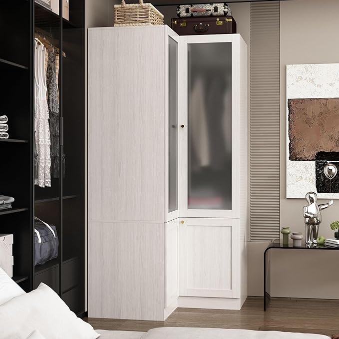 MOUMON 70.9" L-Shaped Corner Wardrobe with Frosted Glass Doors, Armoire Closet with Hanging Rod, Space-Saving, Light Oak 35.4”W x 35.4”D x 70.9”H