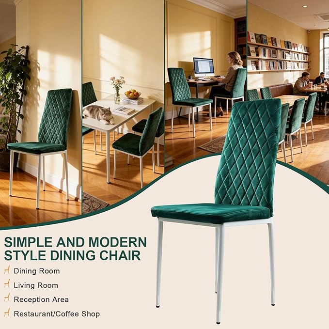 Dining Chairs Set of 2, Velvet Comfortable Seats, Mid-Century Modern Living Room Chairs, Upholstered Kitchen Chairs with Mental Legs and Padded Seat for Bedroom Office Easy Assembly, Green