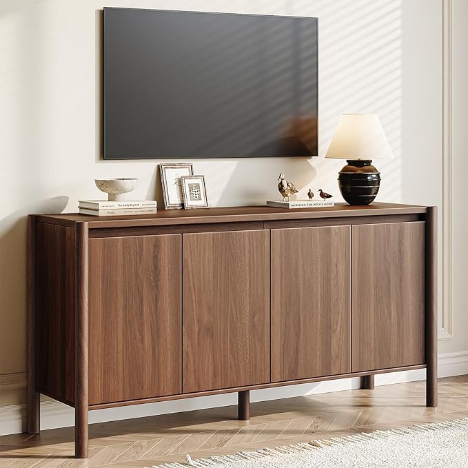 CHUWELL Walnut Sideboard Buffet Cabinet - 59" Mid Century Buffet Storage Cabinet with 4 Doors, Adjustable Shelves, and 4 Solid Wood Round Legs- Coffee Bar Table for Kitchen