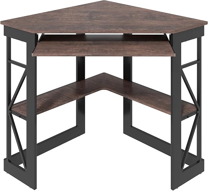 VECELO Corner Desk Computer Desk Writing Table with Smooth Keyboard Tray & Storage Shelves,Compact Home Office Triangle Table,Rustic Brown