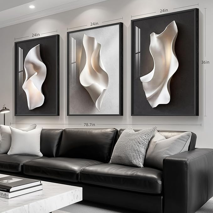Framed Abstract Black and White Wall Art for Living Room, Large 3 Piece Modern Bright Style Artworks for Wall, Luxury Minimalist Painting Prints for Dining Room Hallway Office Wall Decor, 24x36 Inch