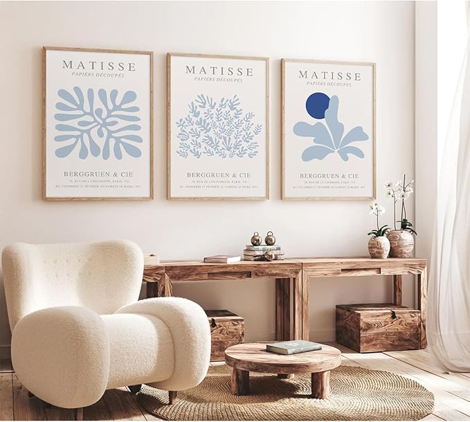 Youillne Henri Matisse Wall Art Prints Abstract Aesthetic Canvas Wall Art Blue Wall Decor Abstract Matisse Poster Minimalist Pictures Flower Market Painting for Bathroom 24x36 Inch Unframed Set of 3