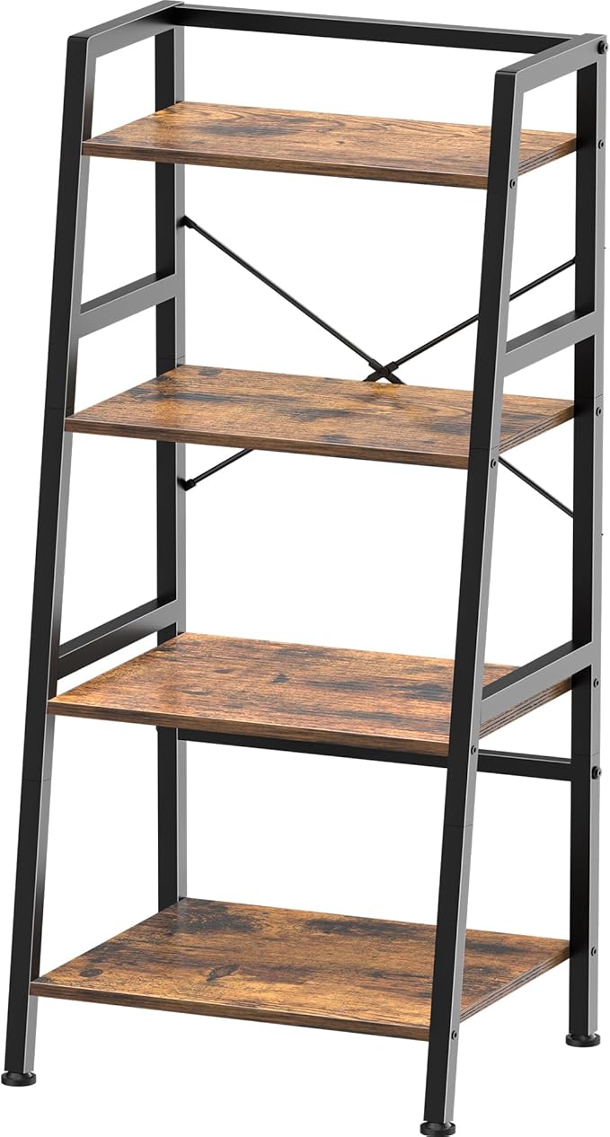4-Tier Bookshelf, Ladder Shelf, Stand Up Shelves, Industrial Bookcase with Steel Frame, Metal Small Bookcase, for Living Room, Home Office, Kitchen, Bedroom, Industrial Style （Rustic Brown & Black）