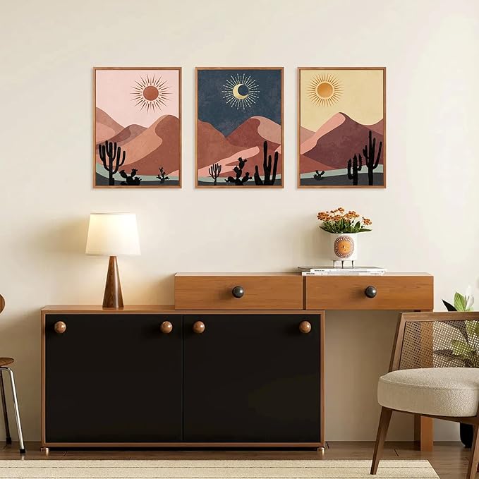 HPNIUB Boho Desert Framed Canvas Wall Art Set, Abstract Sun Moon Art Prints, Modern Cactus Paintings Artwork, Mid Century Southwestern Landscape Wall Decor for Living Room, Office(Set of 3,12X16 Inch)