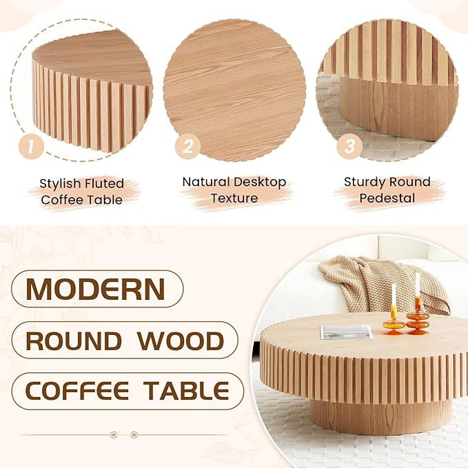 39.4" Oak Round Coffee Table Wood, Modern Drum Fluted Circle Coffee Table for Living Room, Contemporary Low Center Table Side Table for Apartment, Farmhouse, Office, mesa de Cafe, Natural Ash