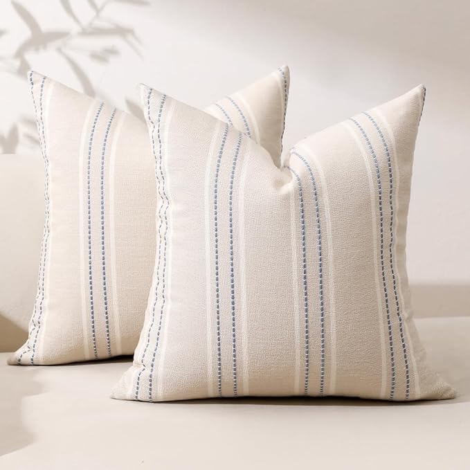 Hckot Throw Pillow Covers 22x22 Set of 2 Blue Pillow Covers Farmhouse Decorative Pillows Textured Linen Square Cushion Covers for Sofa Couch Bed Living Room Decor(Dusty Blue)