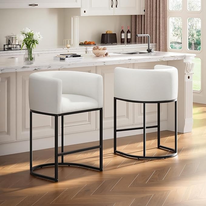 26" H Counter Height Bar Stools Set of 2, Modern Barrel Counter Stools with Backrest and Arms, Linen Fabric Upholstered Accent Barstools for Kitchen Island,Support 450 LBS (White)