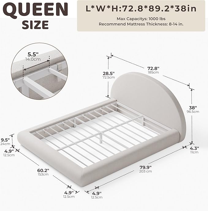RECCI AirFrame Half-Moon Upholstered Queen Platform Bed Frame, Velvet Curved Arched Base with Headboard, 5 Inch Fully Round Cushioned Foam, No Box Spring Needed, Easy Assembly | Round Shaped, Boucle, Low-profile, Soft