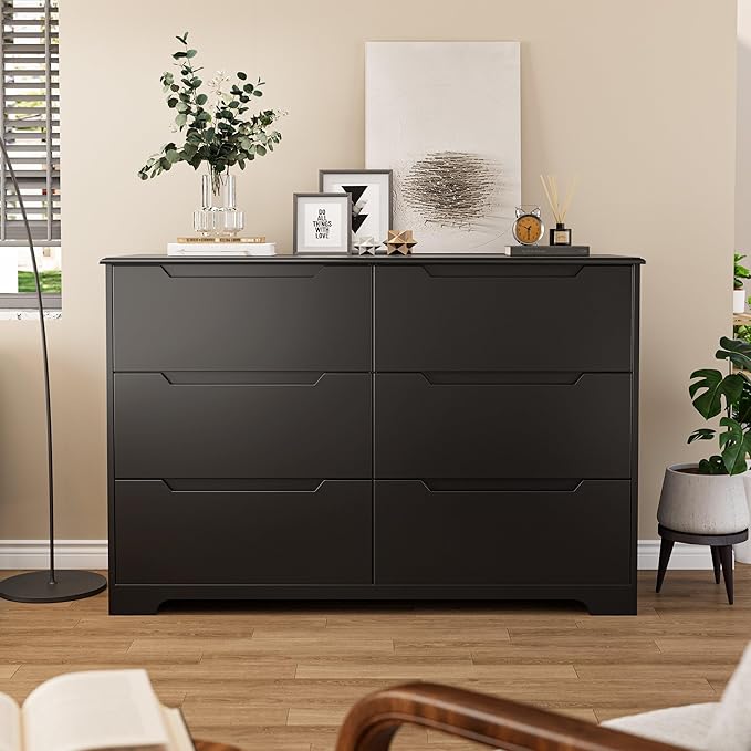 Gizoon 6 Drawer Double Dresser for Bedroom with Anti-Tip Design, Modern Wide Wooden Chest of Drawers with Cut-Out Handles, Closet Storage Organizer and TV Stand for Living Room, Hallway, Entryway