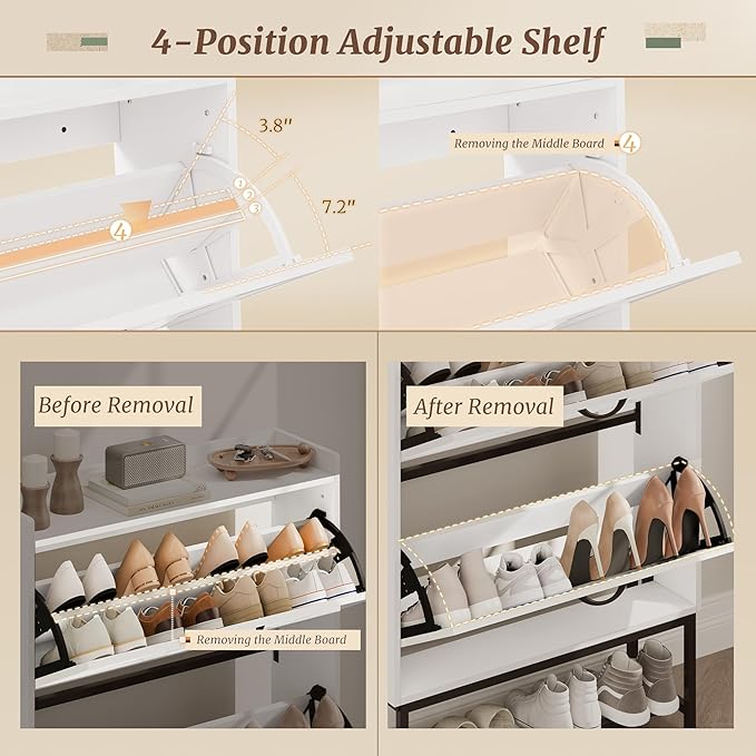 Cozyman Narrow Shoe Storage Cabinet with 2 Flip Drawers & Adjustable Shelf for Entryway, Freestanding Hidden Slim Shoe Organizer Rack, White