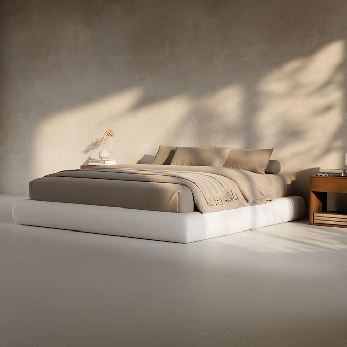 RECCI AirFrame Half-Moon Upholstered King Platform Bed Frame, Velvet Curved Arched Base, 5 Inch Fully Round Cushioned Foam, No Box Spring Needed, Easy Assembly | Round Shaped, Boucle, Low-profile, Soft