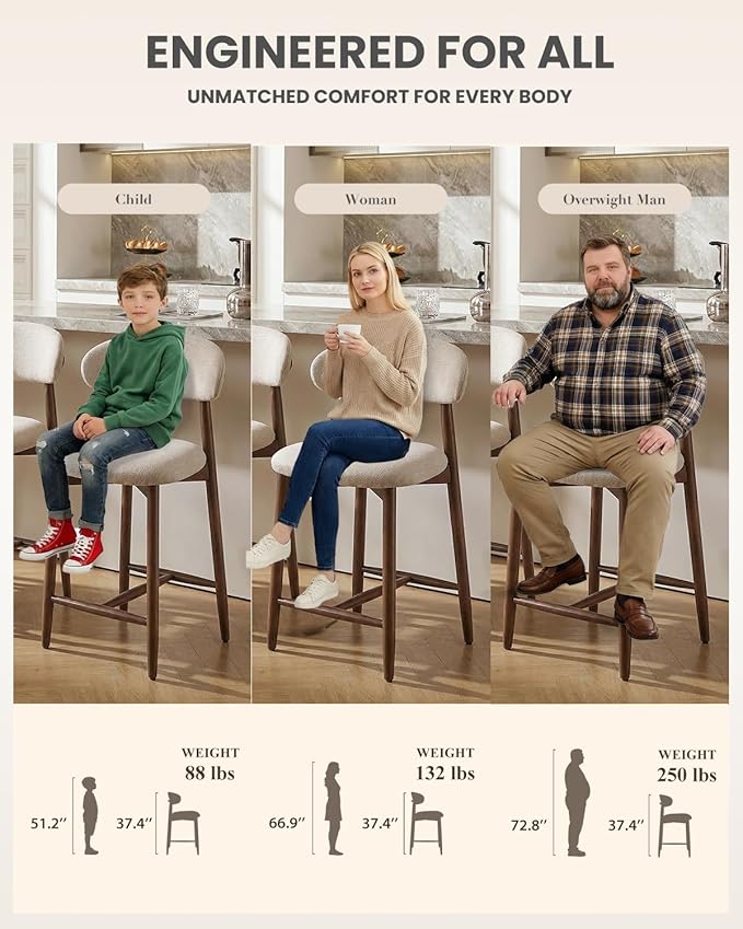 Bar Stools Set of 3, 25.6″ Counter Height Bar Stools with Wood Legs, Upholstered Modern Kitchen Barstools for Kitchen Island Dining Room Bar, Beige