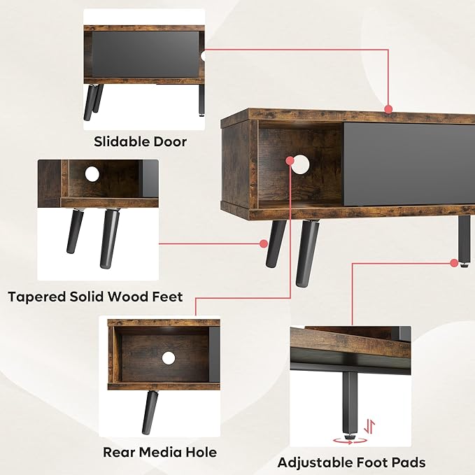 Bestier 70 inch Mid Century Modern TV Stand for 75 inch TV, Low Profile TV Stand with Storage, Entertainment Center for Living Room, Cord Management, Rustic Black