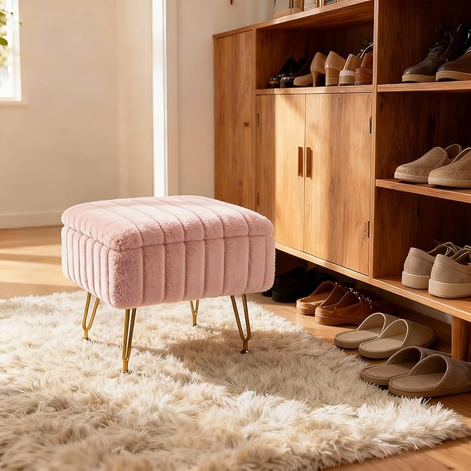 ACEQLYT® Small Foot Stool, Small Ottoman with Storage, Pink Furry Footstool with Soft Padded Seat & Gold Metal Leg