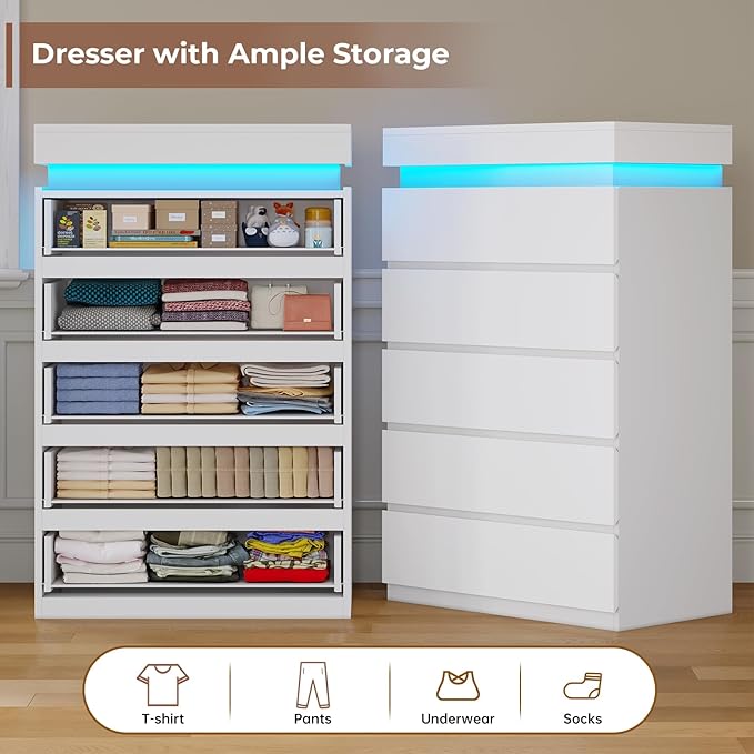 HAUOMS Tall 5 Drawer Dresser with LED Light, White Modern Chest of Drawers for Bedroom,Closet Dressers with Drawers for Living Room, Entryway, Hallway