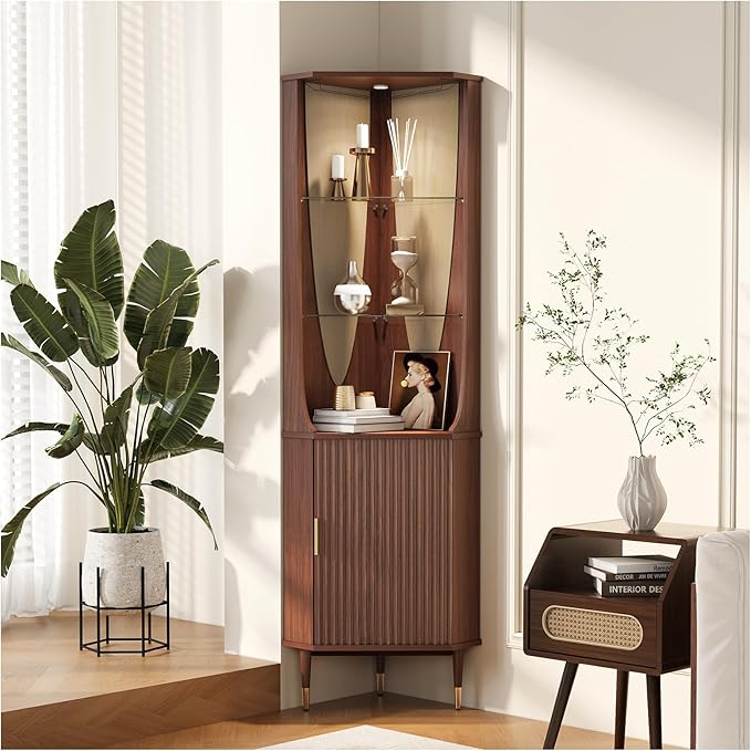 JOINICE 70" Tall Corner Bar Cabinet, Mid-Century Modern Fluted Storage Cabinet with Glass Shelves, Door & LED Lighting, Space-Saving Liquor Cabinet for Living Room, Kitchen, or Dining Room, Walnut