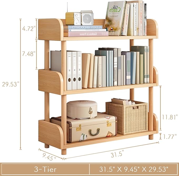 OSCHF 3-Tier Wooden Open Bookcase - Modern Display Bookshelf with Top Edge and Solid Wood Frame for Home and Office, Storage Cabinet, Oak